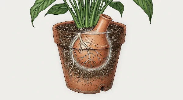 Oya en terre cuite plantée dans un pot de plante d'intérieur pour un arrosage écologique